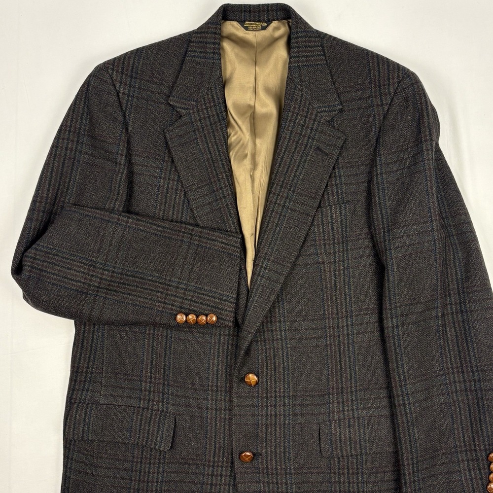 VTG 80s Palm Beach Wool Glen Plaid Sport Coat 42L Navy/Tan/Burgundy USA